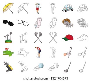 Golf and attributes cartoon,outline icons in set collection for design.Golf Club and equipment vector symbol stock web illustration.