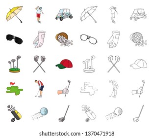 Golf and attributes cartoon,outline icons in set collection for design.Golf Club and equipment vector symbol stock web illustration.