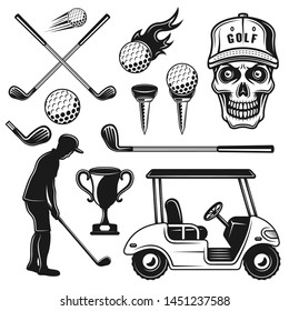 Golf attributes and equipment vector objects or design elements in monochrome vintage style isolated on white background