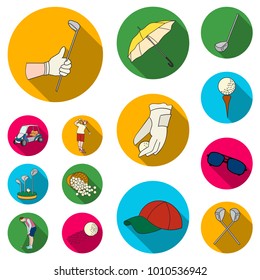 Golf and attributes flat icons in set collection for design.Golf Club and equipment vector symbol stock web illustration.