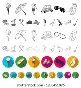 Golf and attributes flat icons in set collection for design.Golf Club and equipment vector symbol stock web illustration.