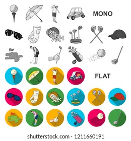 Golf and attributes flat icons in set collection for design.Golf Club and equipment vector symbol stock web illustration.