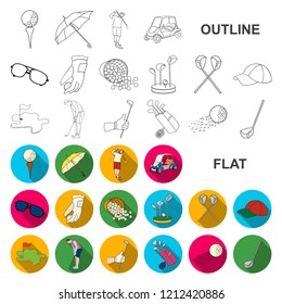 Golf and attributes flat icons in set collection for design.Golf Club and equipment vector symbol stock web illustration.