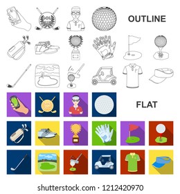 Golf and attributes flat icons in set collection for design.Golf Club and equipment vector symbol stock web illustration.