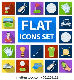 Golf and attributes flat icons in set collection for design.Golf Club and equipment vector symbol stock web illustration.