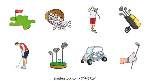 Golf and attributes icons in set collection for design. Golf Club and equipment vector symbol stock web illustration.