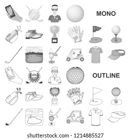 Golf and attributes monochrom icons in set collection for design.Golf Club and equipment vector symbol stock web illustration.