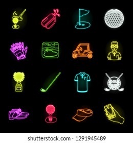 Golf and attributes neon icons in set collection for design.Golf Club and equipment vector symbol stock web illustration.
