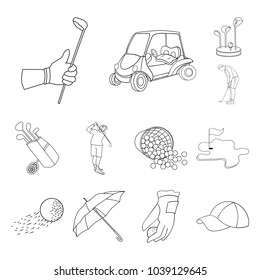 Golf and attributes outline icons in set collection for design.Golf Club and equipment vector symbol stock web illustration.