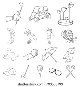 Golf and attributes outline icons in set collection for design.Golf Club and equipment vector symbol stock web illustration.