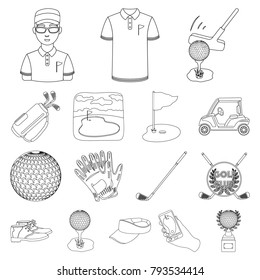 Golf and attributes outline icons in set collection for design.Golf Club and equipment vector symbol stock web illustration.