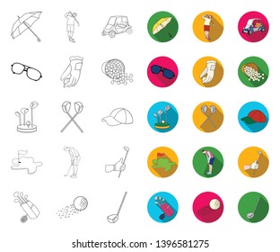 Golf and attributes outline,flat icons in set collection  design.Golf Club and equipment vector symbol stock web illustration.