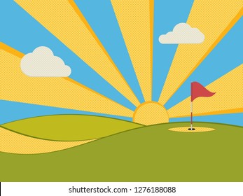 Golf background. Abstract golf course, hole, flag and sun. Vector illustration.