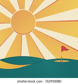 Golf background. Abstract golf course, hole, flag and sun. Vector illustration.