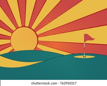 Golf background. Abstract golf course, hole, flag and sun. Vector illustration.