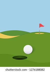 Golf background. Golf course with hole, ball and flag. Vector illustration.