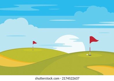 Fondo de golf. Campo de golf, agujero, bandera y sol. Ilustración vectorial.