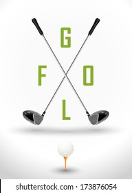 Golf background - game time. Two crossed golf clubs, ball