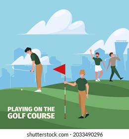 Golf background. Sport field action activities golfiest beats with golf stick to ball garish vector flat illustration