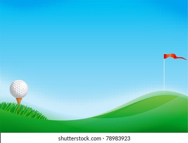 Golf background. Vector background of golf ball and golf flag with green grass.