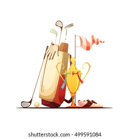 Golf bag with ball clubs shoes and tour championship winner trophy retro cartoon composition icon vector illustration 