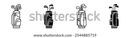 Golf bag icon collection in black and white filled and solid vector style.