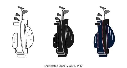golf bag set design, outline style, black and colored, elegant and simple, editable vector eps 10.