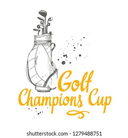 Golf bag. Vector set of hand-drawn sports equipment. Illustration in sketch style on white background. Brush calligraphy elements for your design. Handwritten ink lettering.