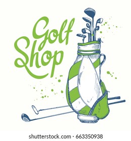 Golf bag. Vector set of hand-drawn sports equipment. Illustration in sketch style on white background. Brush calligraphy elements for your design. Handwritten ink lettering.