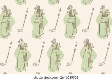 Golf bags and clubs seamless pattern in green tones – ideal for sports blogs, gift wraps, apparel design and golf course branding.