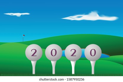 golf ball 2020 number on landscape.pond sky cloud for wallpaper, printing, tournament event. happy new year 2020