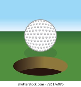 golf ball about to get into hole, red grass blue sky 