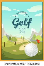 Golf Ball And A Beautiful landscape. Golf Club. Vintage poster with player. Logo