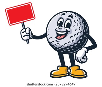 Golf Ball with blank sign board,      Cartoon Character Mascot Illustration Vector Clip-art Hand-drawn Logo Design