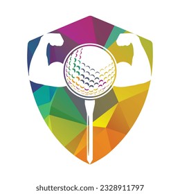 Golf ball and body biceps inside a shape of shield vector illustration