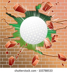 Golf Ball Breaking Through Red Brick Wall