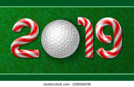 Golf ball with candy cane numbers of 2019 new year holiday on grass background. Vector illustration