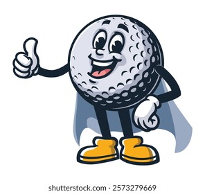 Golf Ball with caped superhero style,       Cartoon Character Mascot Illustration Vector Clip-art Hand-drawn Logo Design