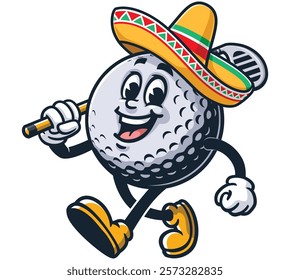 Golf Ball is carrying a golf club and wearing a sombrero,         
Cartoon Character Mascot Illustration Vector Clip-art Hand-drawn Logo Design