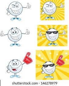 Golf Ball Cartoon Character With Background Different Poses. Vector Collection