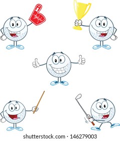 Golf Ball Cartoon Character With Five Different Poses. Vector Collection