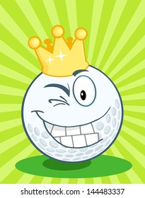 Golf Ball Cartoon Character With Gold Crown Winking. Vector Illustration