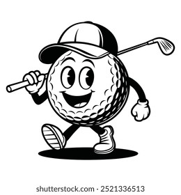 Personagem de desenho animado bola de golfe com chapéu e ilustração clube