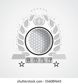 Golf ball in center of silver wreath and crown. Sport logo for any team or championship