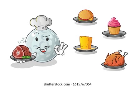 golf ball chef with many types of food cartoon. including cheese, burgers, cupcakes, chicken and beef. cute chibi cartoon mascot vector