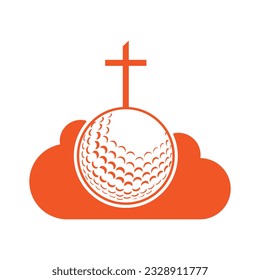 Balón de golf y cruz de cristiandad dentro de una forma de ilustración vectorial de nube