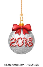 Golf ball christmas baubles with candy cane numbers of 2018 new year holiday. Vector isolated illustration on white background