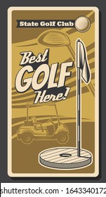 Golf ball, club and cart, sport club course, putting green field, flagstick and hole vector design. Sporting equipment and play field retro banner of golf competition