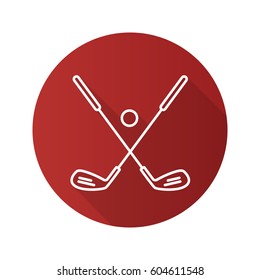 Golf ball and clubs. Flat linear long shadow icon. Golf equipment. Vector line symbol