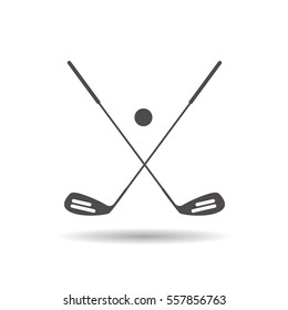 Golf ball and clubs icon. Drop shadow silhouette symbol. Golf equipment. Negative space. Vector isolated illustration